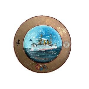 Handpainted USS Yosnite Naval Ship Ironstone Plate Nautical Chippy Coastal Sign